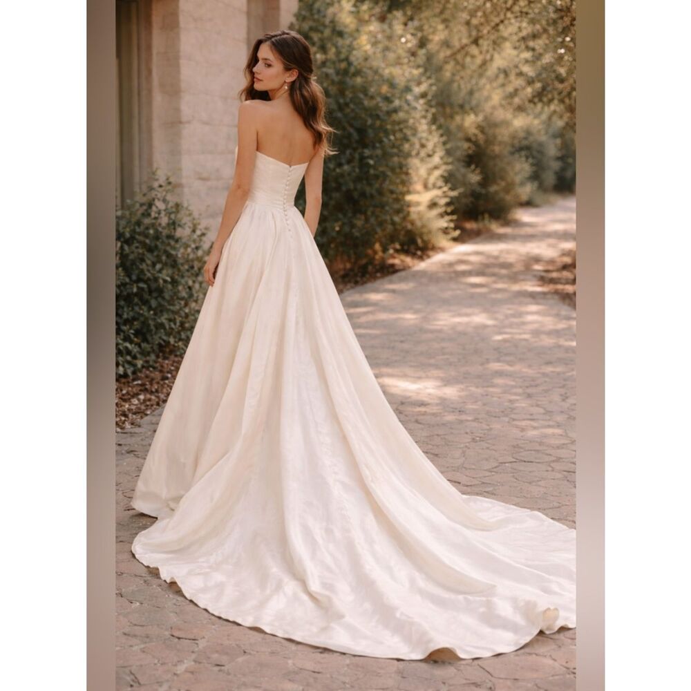Vintage Alvina Valenta Silk Satin Strapless Wedding Gown Button Back Ivory Dress
